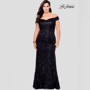 La Femme Style 28883 Black Plus Size Off Shoulder Sequin Lace Evening Gown 22W